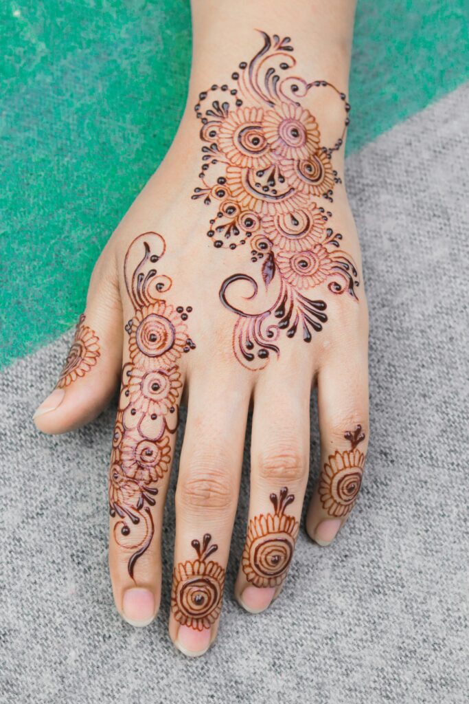 Close-up of a decorative henna pattern on a hand, capturing cultural artistry.